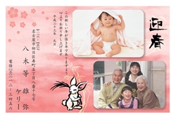 迎春　ピンクの背景に梅の花の年賀状