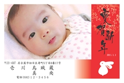 慶賀新年　赤色の背景に白うさぎのイラストの年賀状