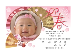 迎春　金と桃色の扇のイラストの年賀状