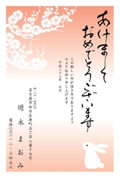 桃色を基調にしたうさぎと梅の木のイラストの年賀状